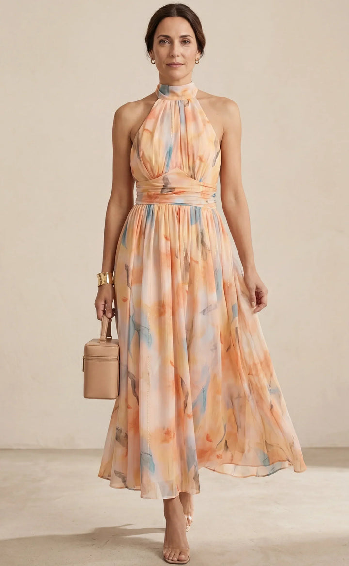 Esther | Vestido de Cuello Halter con Estampado de Acuarela