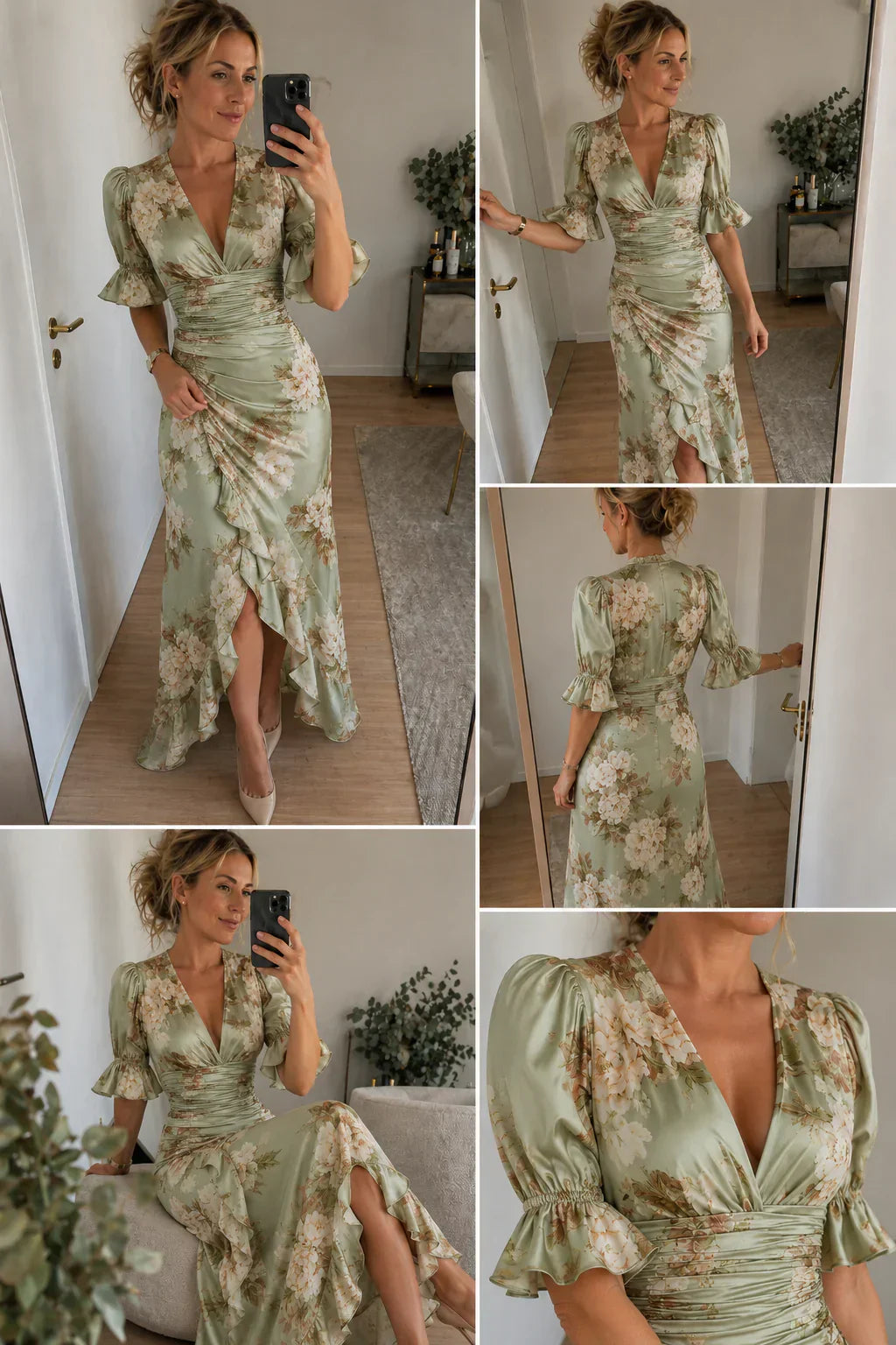 Lucía | Vestido largo asimétrico de satén con estampado floral