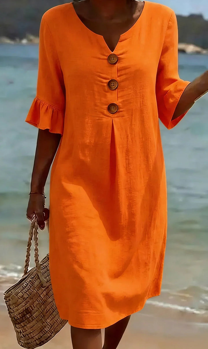 Vanesa™ | Vestido con textura de lino con manga abullonada y botones