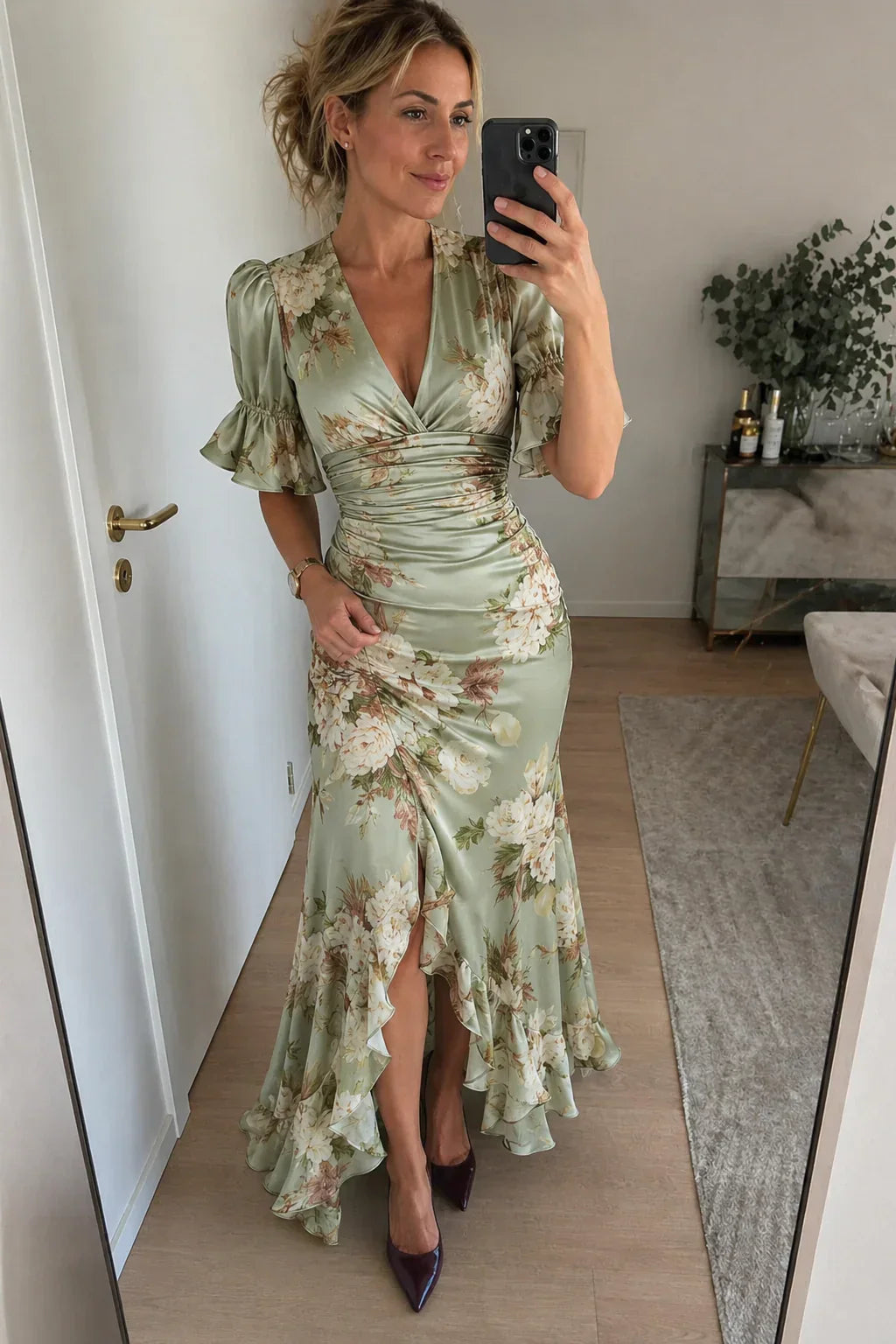 Lucía | Vestido largo asimétrico de satén con estampado floral
