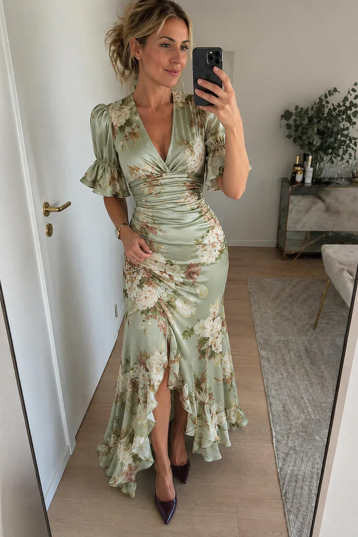 Lucía | Vestido largo asimétrico de satén con estampado floral