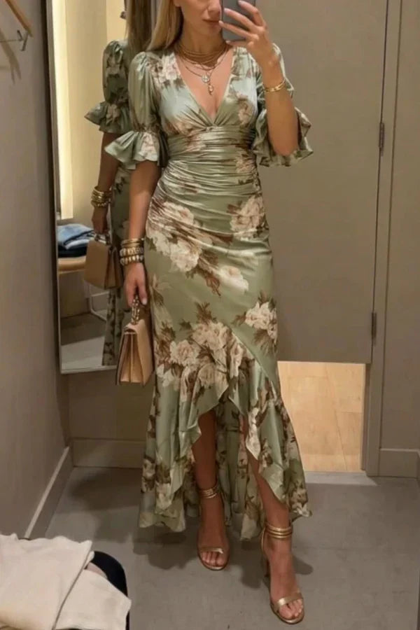 Lucía | Vestido largo asimétrico de satén con estampado floral