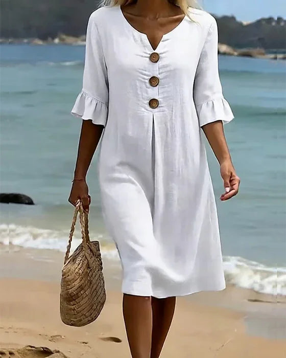 Vanesa™ | Vestido con textura de lino con manga abullonada y botones