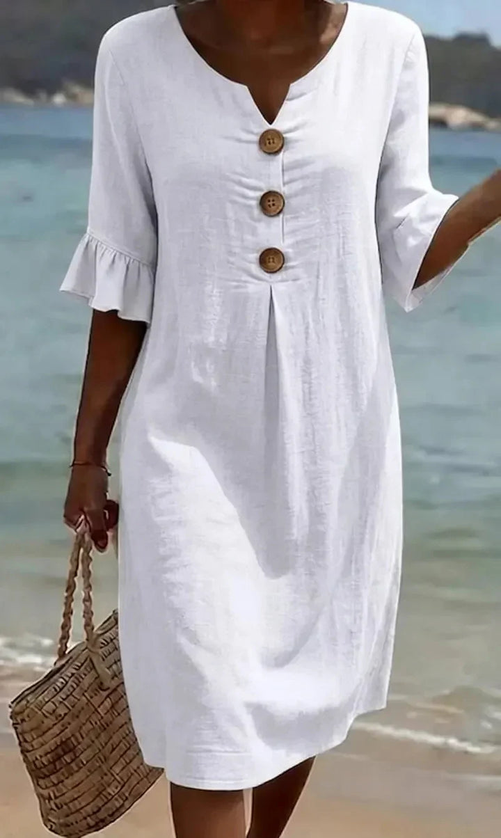 Vanesa™ | Vestido con textura de lino con manga abullonada y botones
