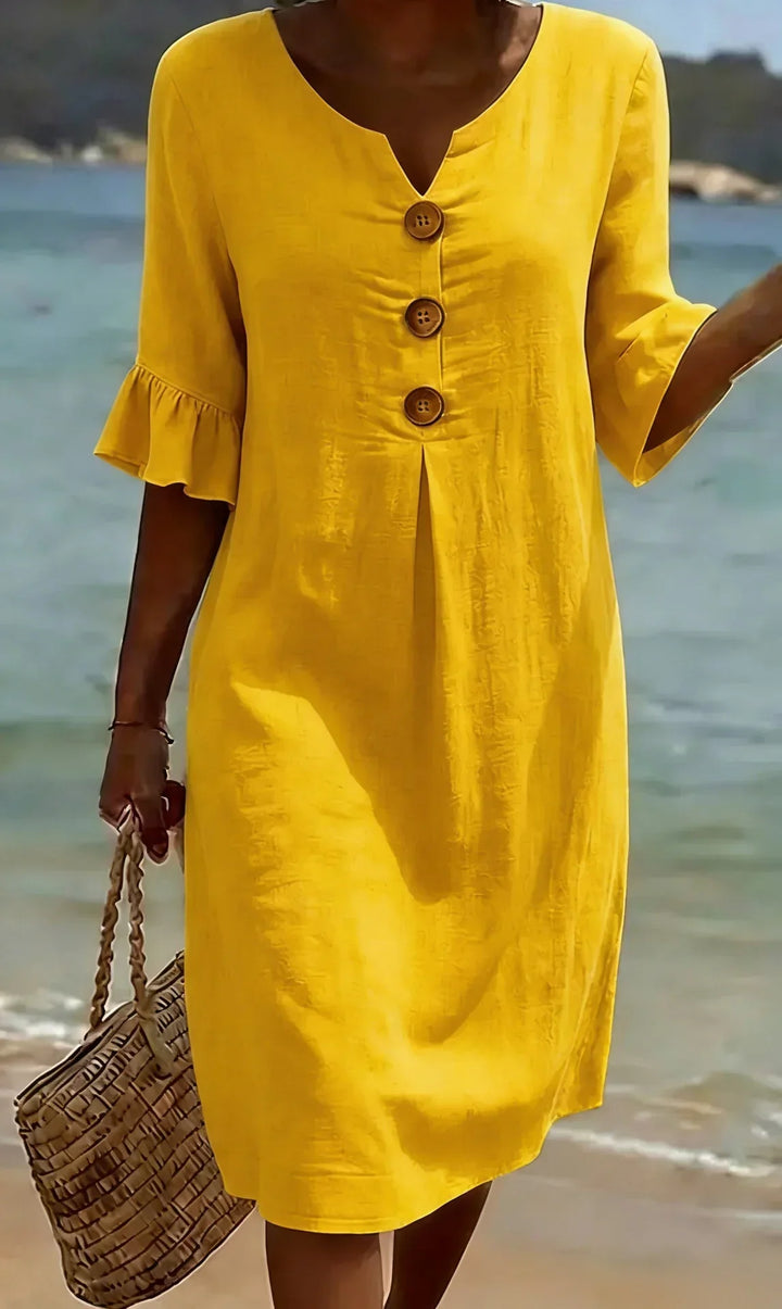 Vanesa™ | Vestido con textura de lino con manga abullonada y botones