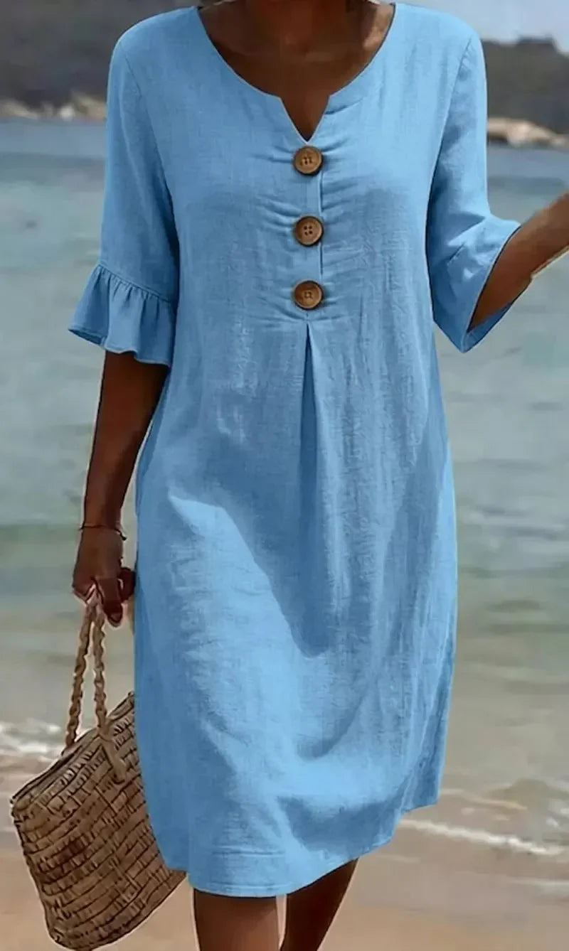 Vanesa™ | Vestido con textura de lino con manga abullonada y botones