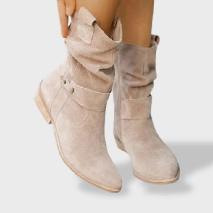 Lucía| Botines de Ante con Punta Redonda y Cremallera para Mujer