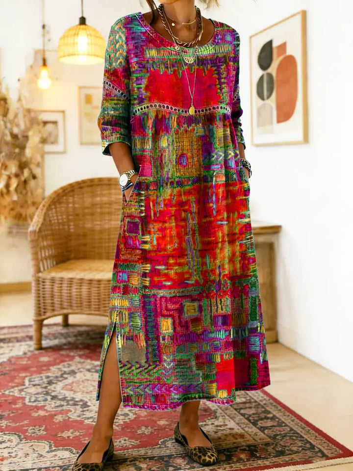 Manuela | Vestido Denim con Patchwork Étnico