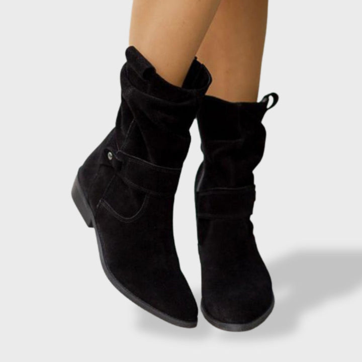 Lucía| Botines de Ante con Punta Redonda y Cremallera para Mujer