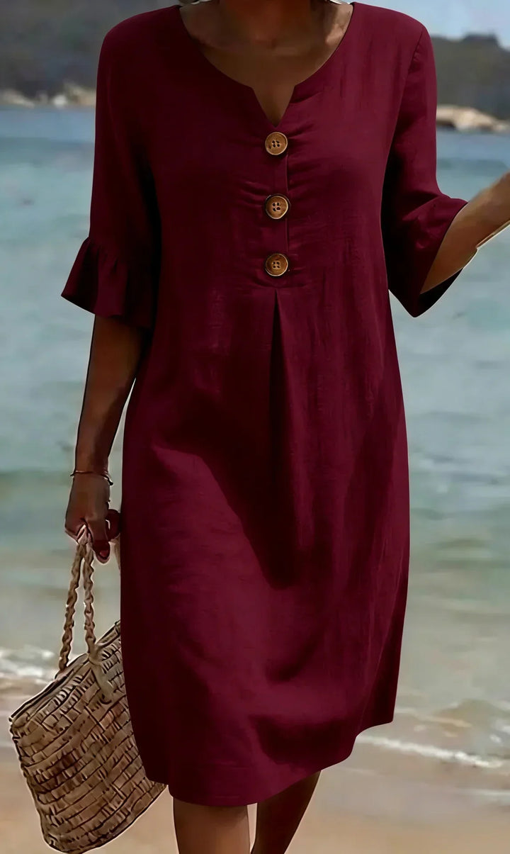 Vanesa™ | Vestido con textura de lino con manga abullonada y botones