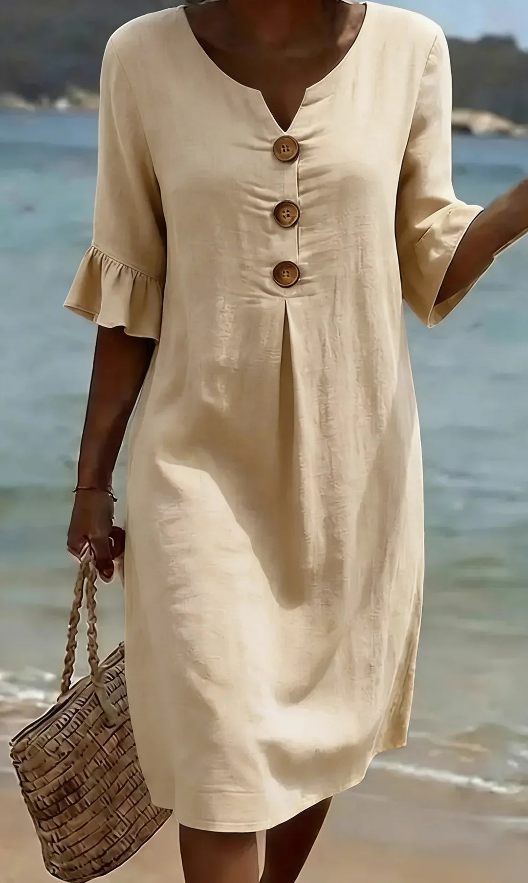 Vanesa™ | Vestido con textura de lino con manga abullonada y botones