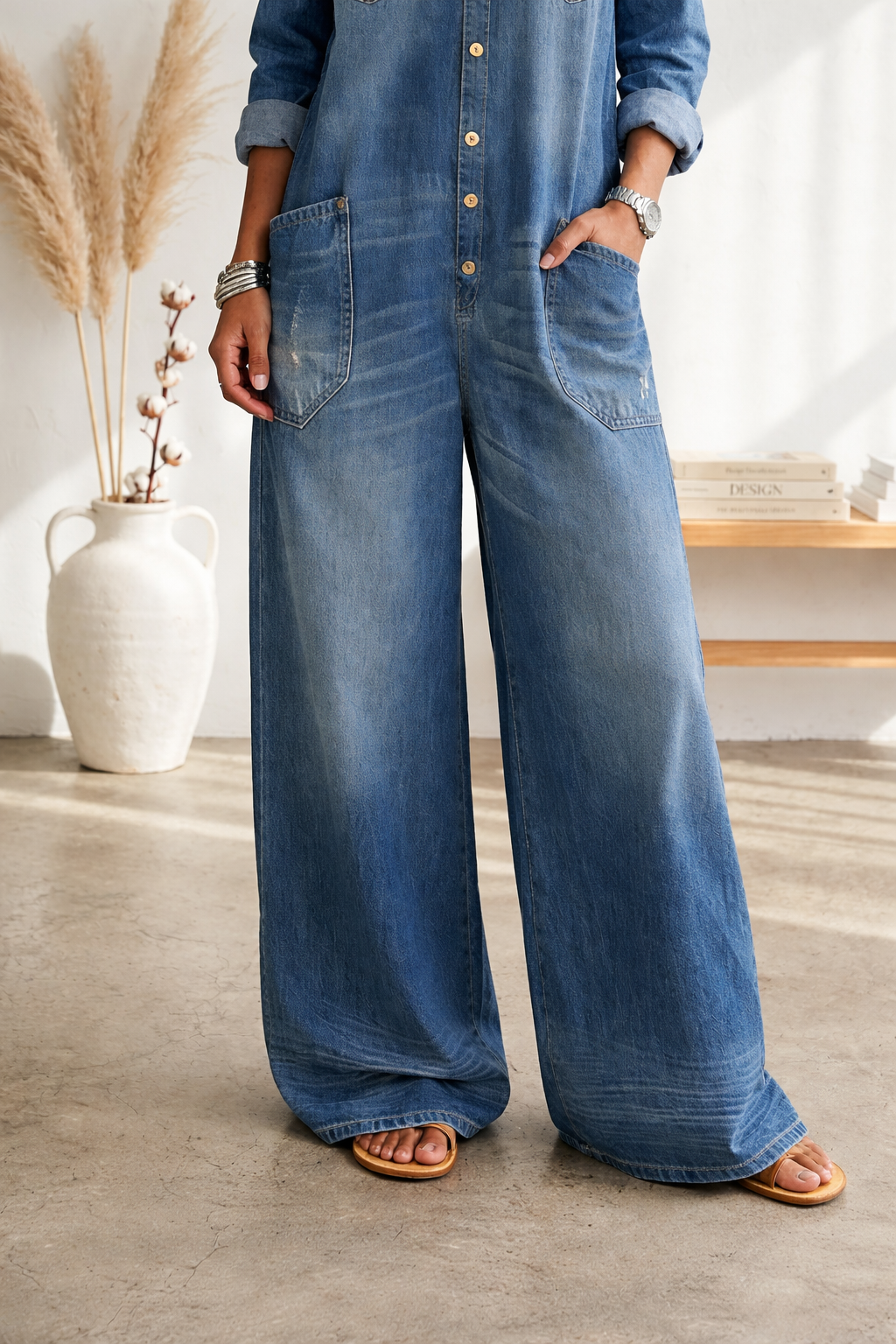 Vega mono de denim algodón con lavado vintage