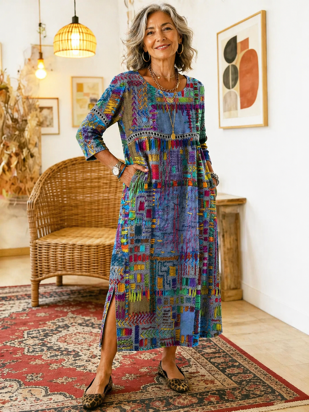 Manuela | Vestido Denim con Patchwork Étnico