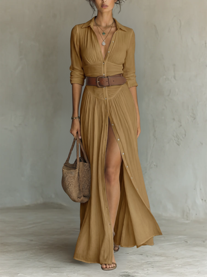 Alma | Vestido maxi fluido con cuello solapa y mangas largas
