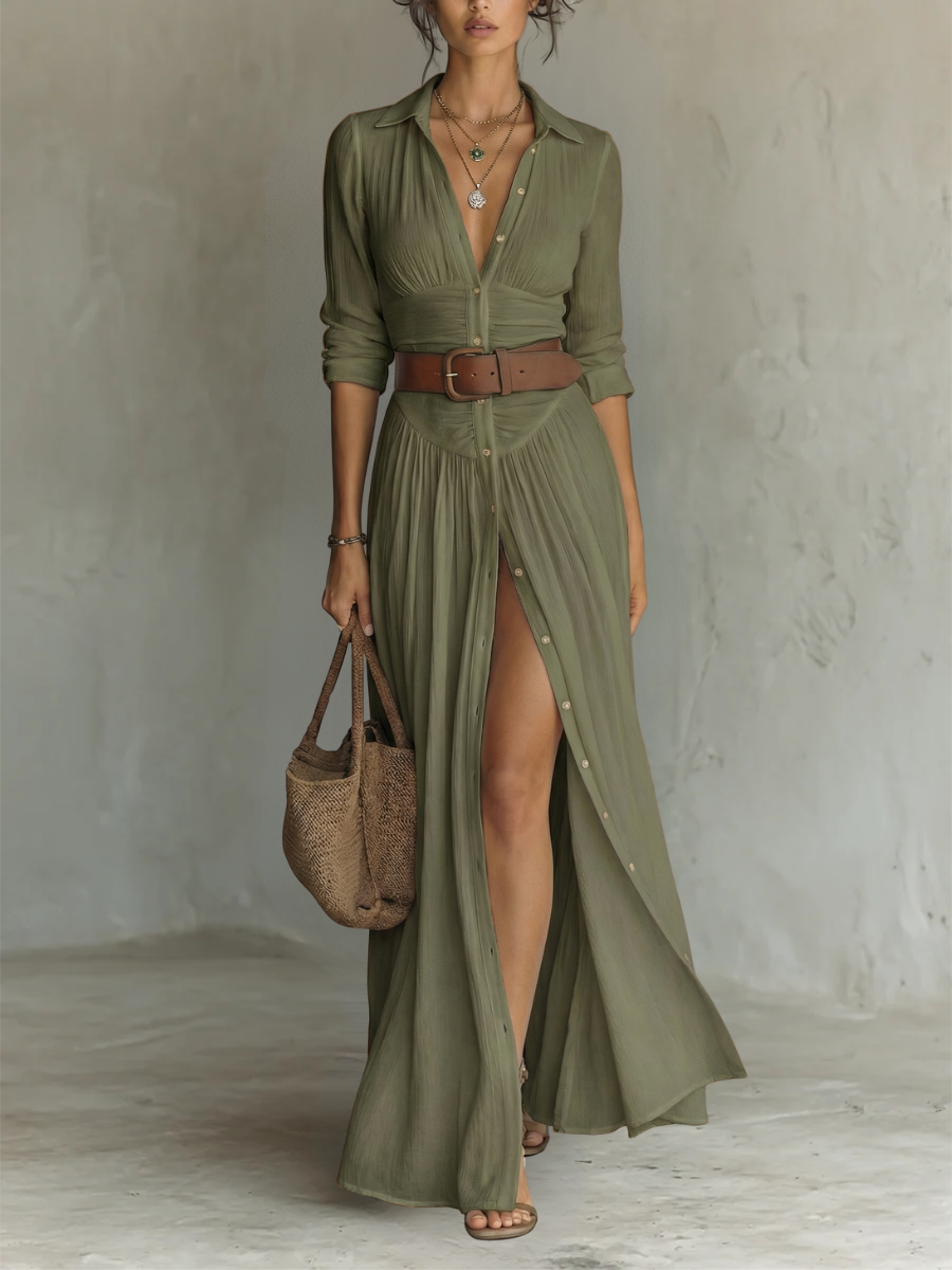 Alma | Vestido maxi fluido con cuello solapa y mangas largas
