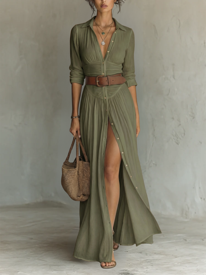 Alma | Vestido maxi fluido con cuello solapa y mangas largas