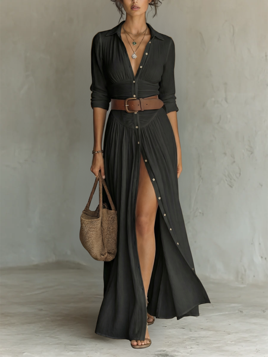 Alma | Vestido maxi fluido con cuello solapa y mangas largas