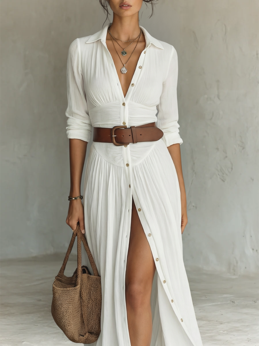 Alma | Vestido maxi fluido con cuello solapa y mangas largas