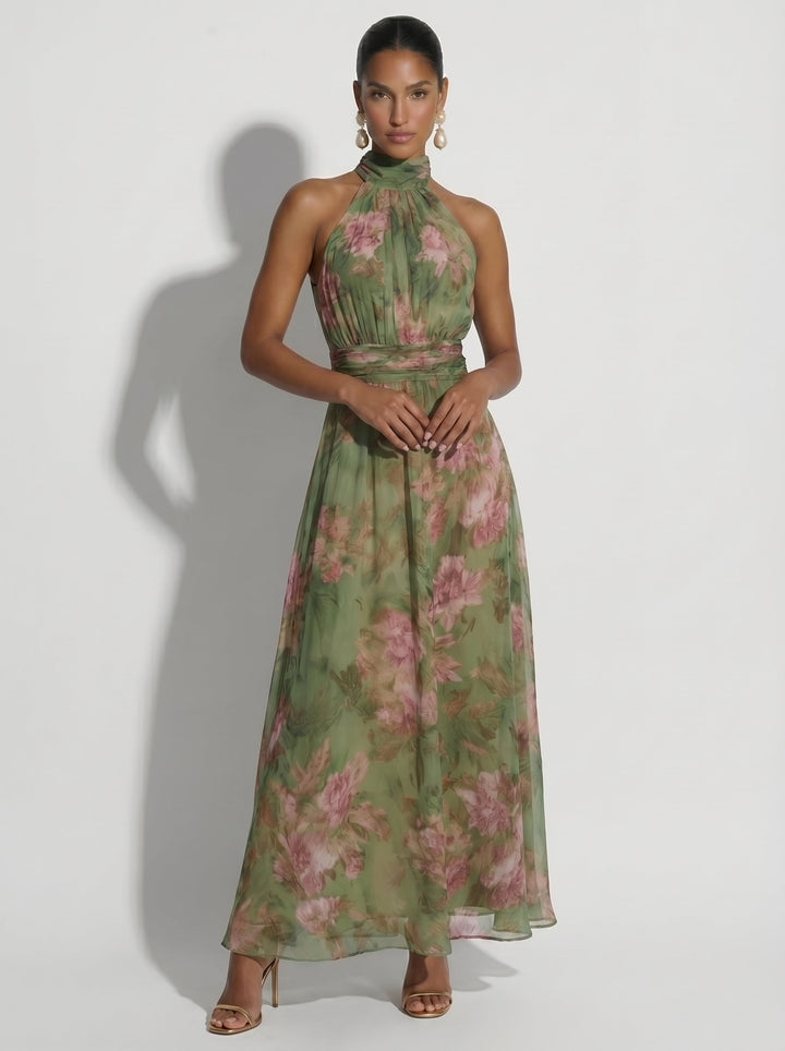 Selena - Vestido Largo Verde con Estampado Floral