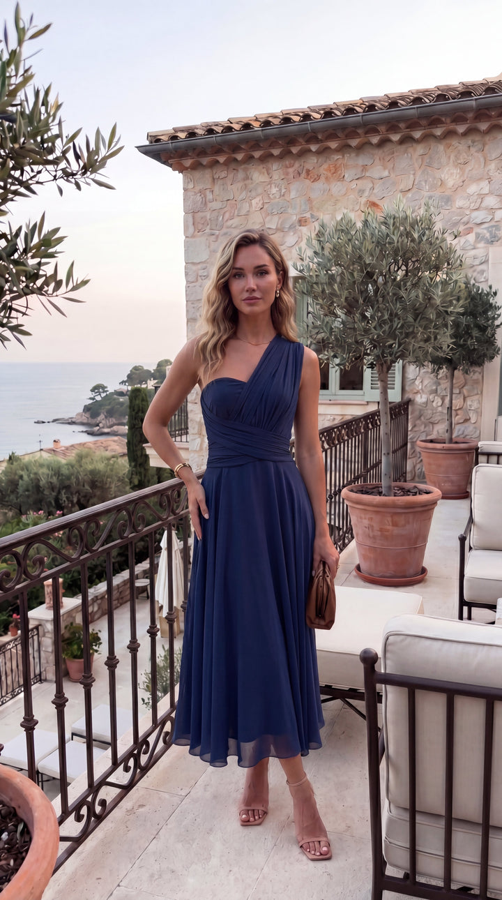 The Murano | Abito blu navy multiposizione con gonna asimmetrica