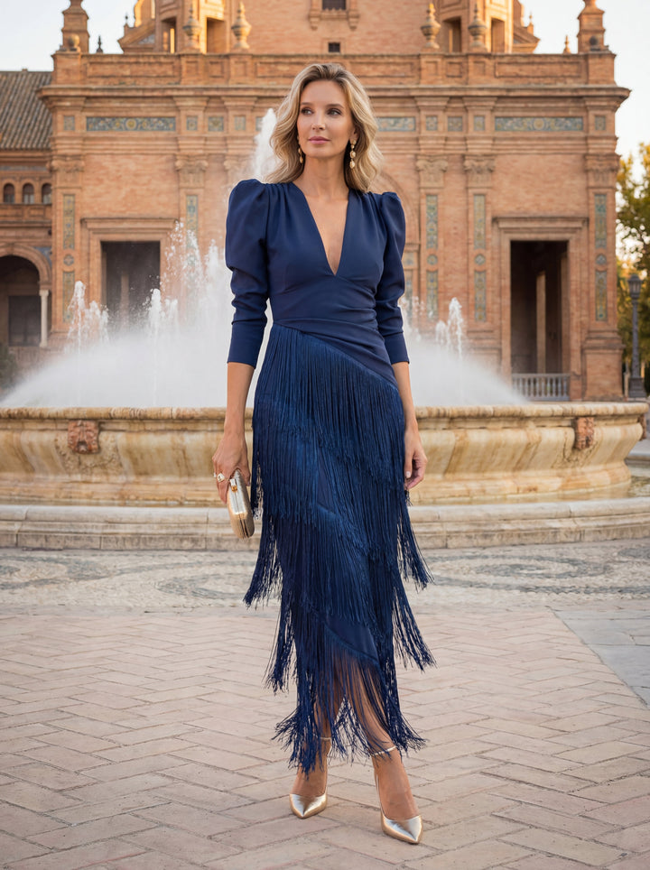 Frida | Vestido midi con flecos en verde salvia