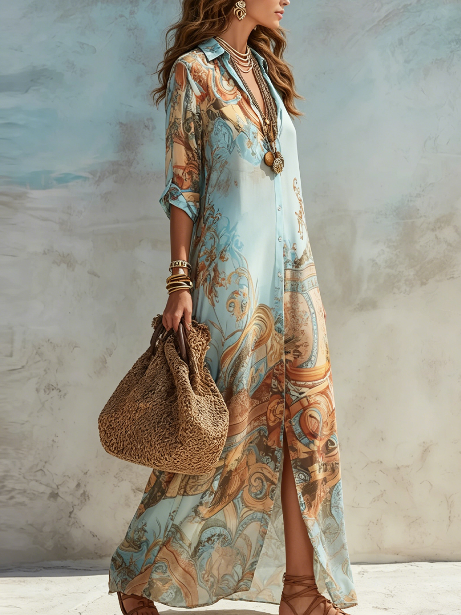 Luisa | Vestido maxi chemisier mediterráneo