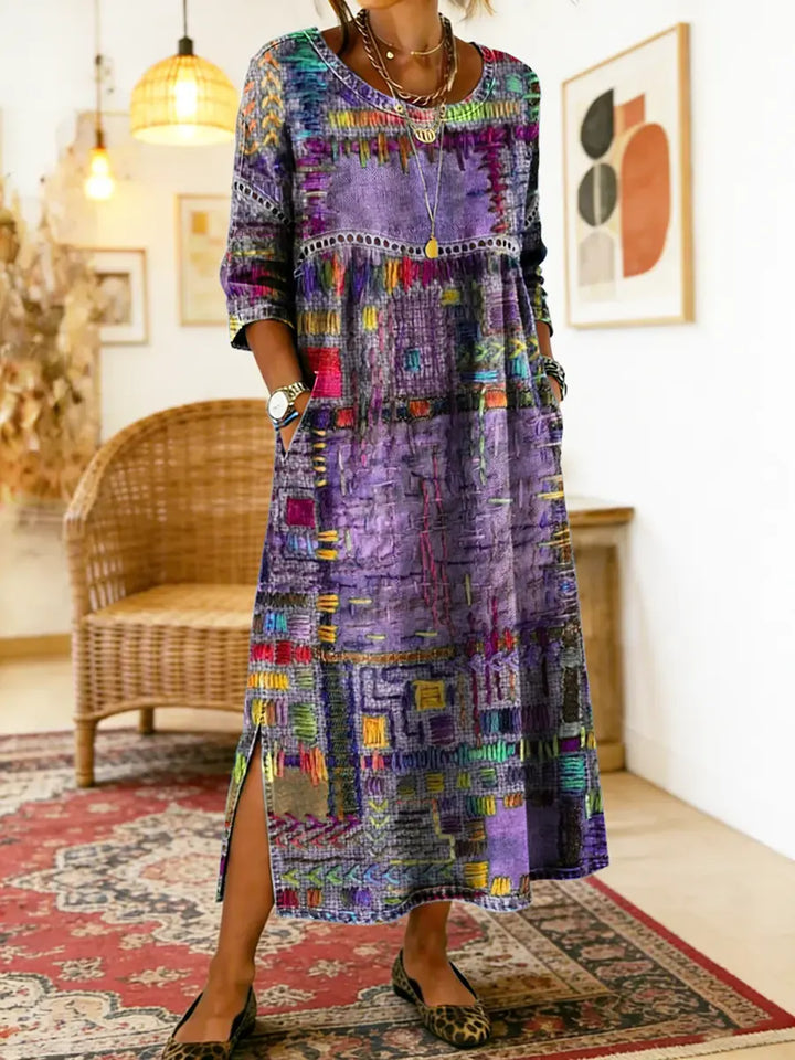 Manuela | Vestido Denim con Patchwork Étnico