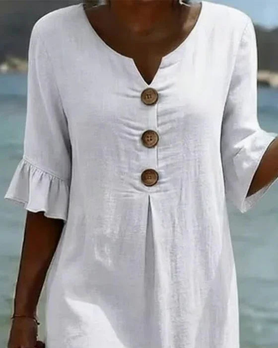 Vanesa™ | Vestido con textura de lino con manga abullonada y botones