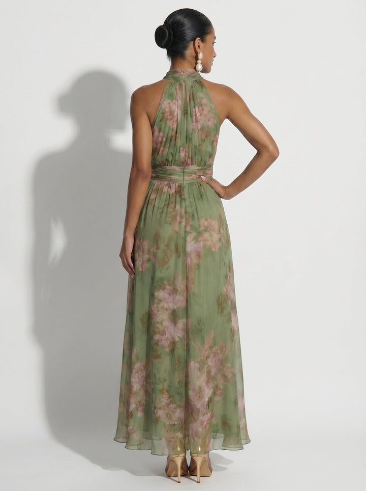 Selena - Vestido Largo Verde con Estampado Floral