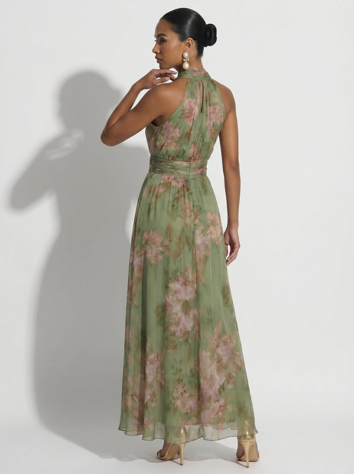 Selena - Vestido Largo Verde con Estampado Floral