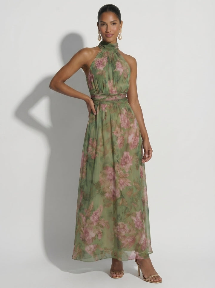 Selena - Vestido Largo Verde con Estampado Floral