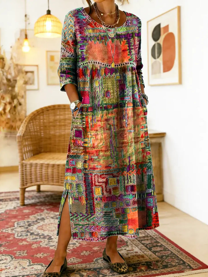 Manuela | Vestido Denim con Patchwork Étnico