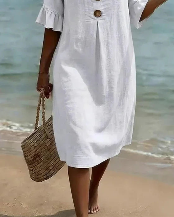 Vanesa™ | Vestido con textura de lino con manga abullonada y botones