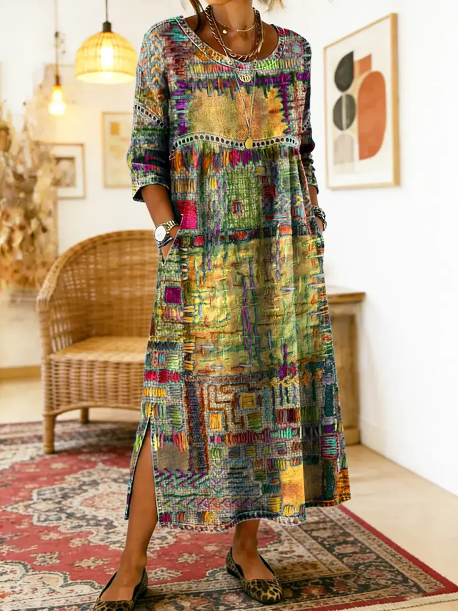 Manuela | Vestido Denim con Patchwork Étnico
