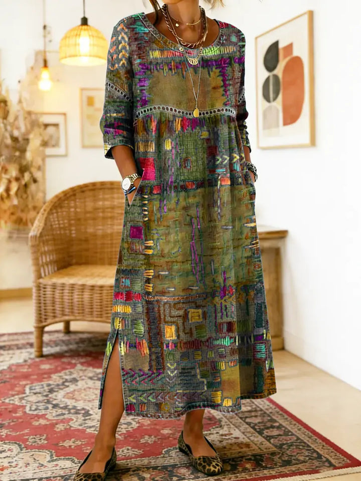 Manuela | Vestido Denim con Patchwork Étnico