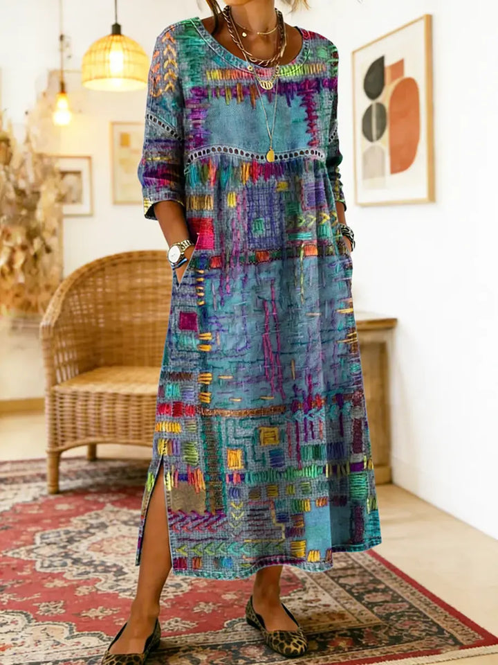 Manuela | Vestido Denim con Patchwork Étnico