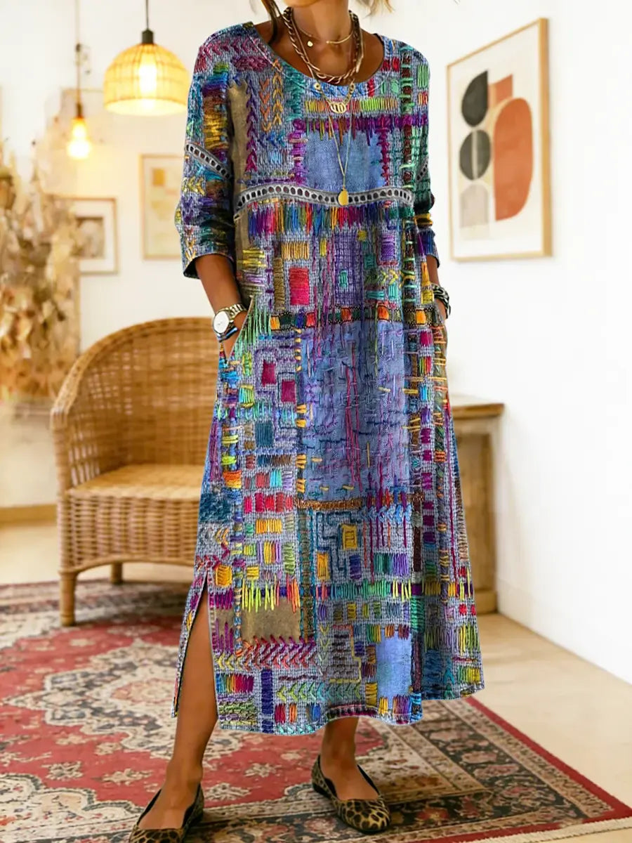 Manuela | Vestido Denim con Patchwork Étnico