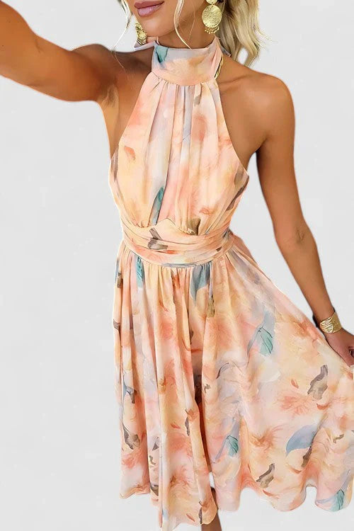 Esther | Vestido de Cuello Halter con Estampado de Acuarela