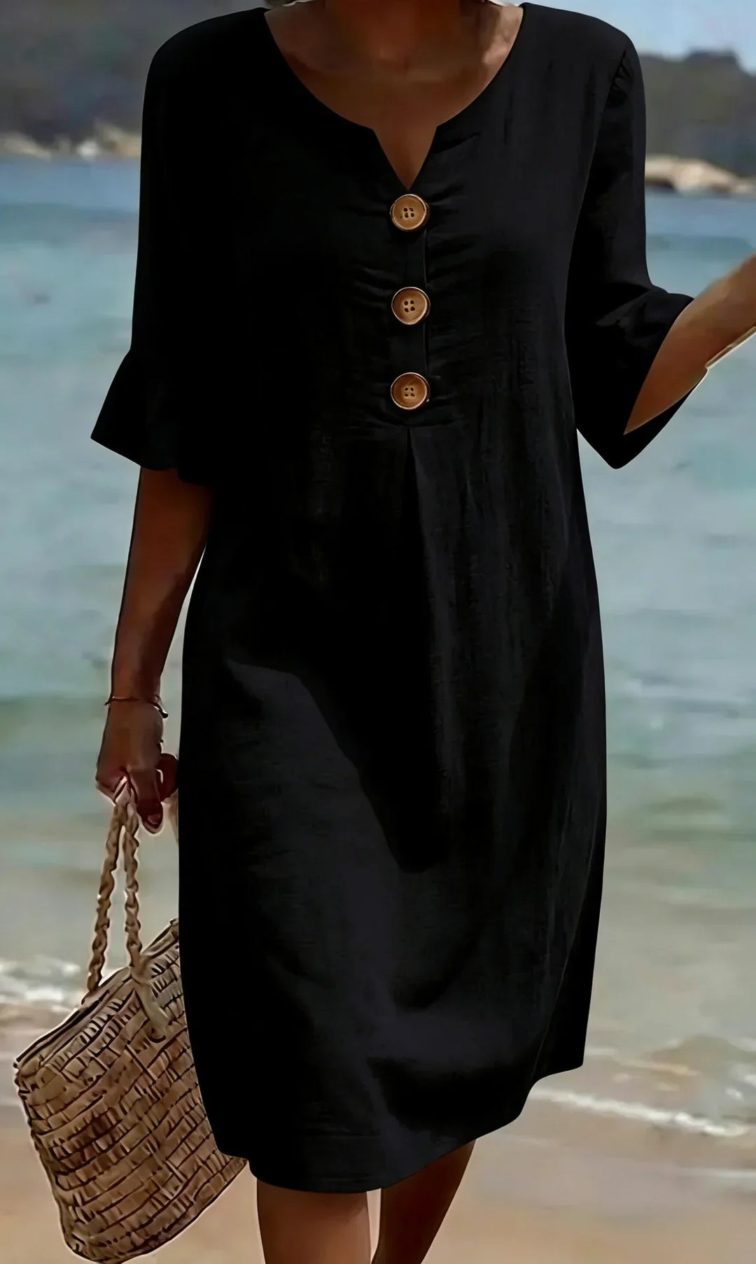 Vanesa™ | Vestido con textura de lino con manga abullonada y botones