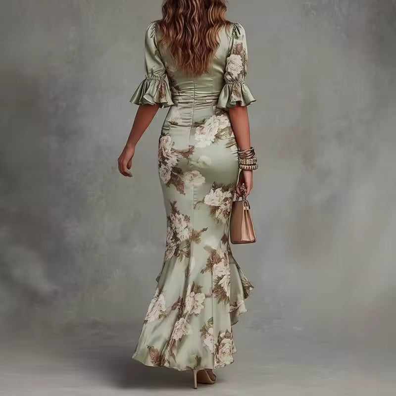 Lucía | Vestido largo asimétrico de satén con estampado floral