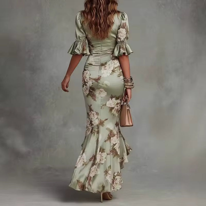 Lucía | Vestido largo asimétrico de satén con estampado floral