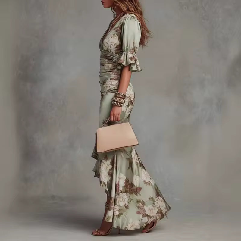 Lucía | Vestido largo asimétrico de satén con estampado floral