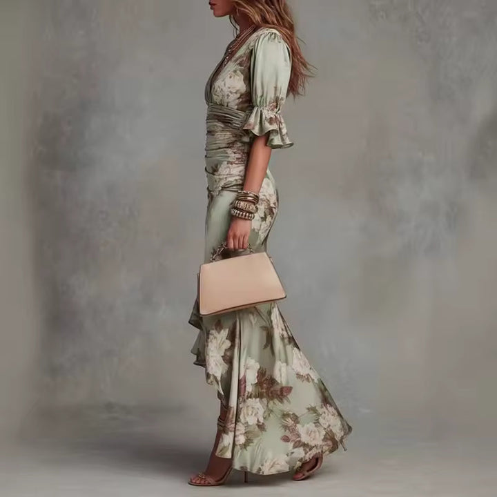 Lucía | Vestido largo asimétrico de satén con estampado floral