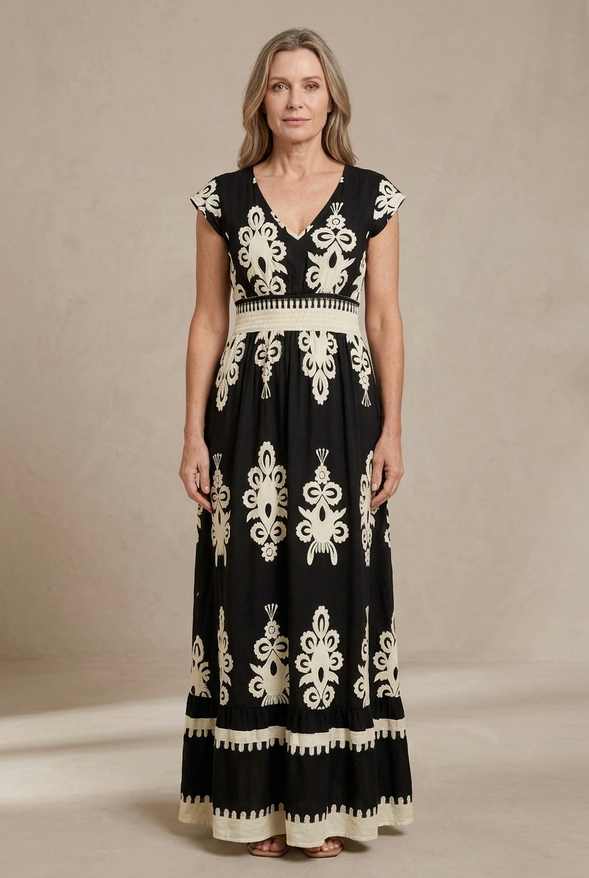 Candela | Vestido maxi barroco con escote en V