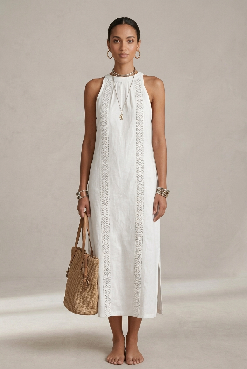 Jimena | Vestido midi de lino con cuello mao