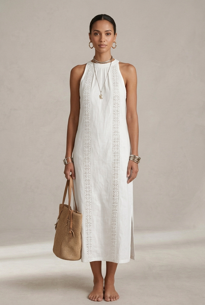 Jimena | Vestido midi de lino con cuello mao