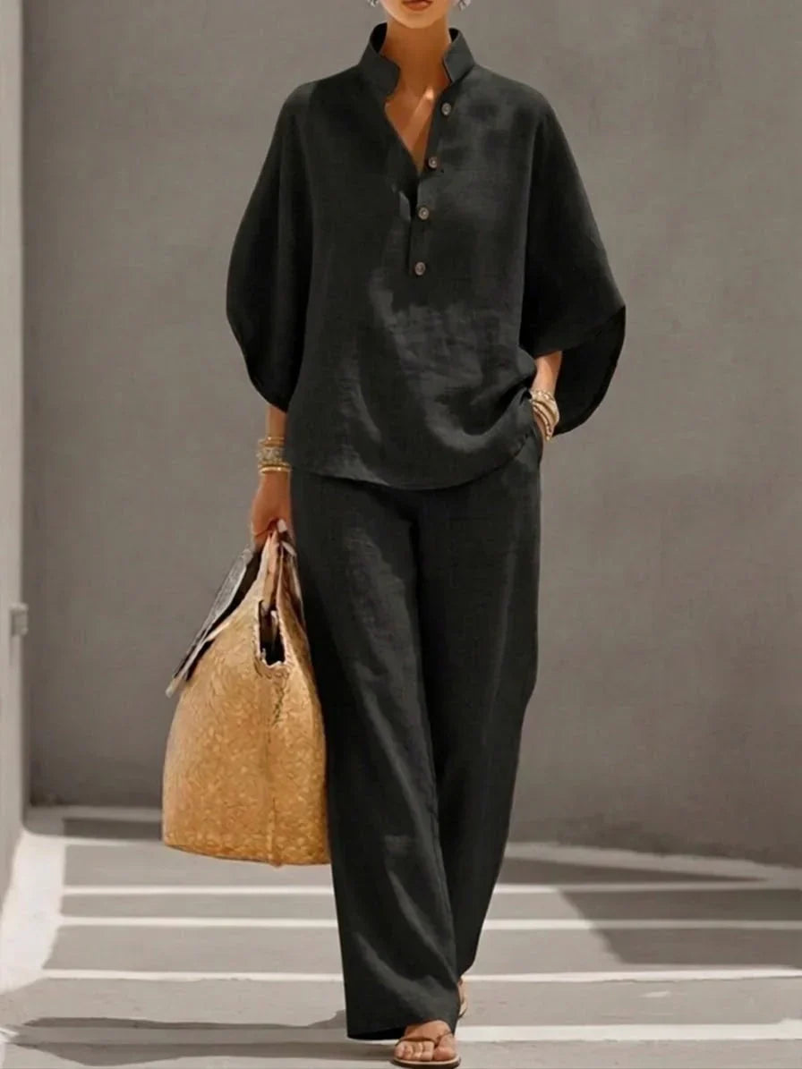 Conjunto de lino con mangas murciélago y pantalón ancho