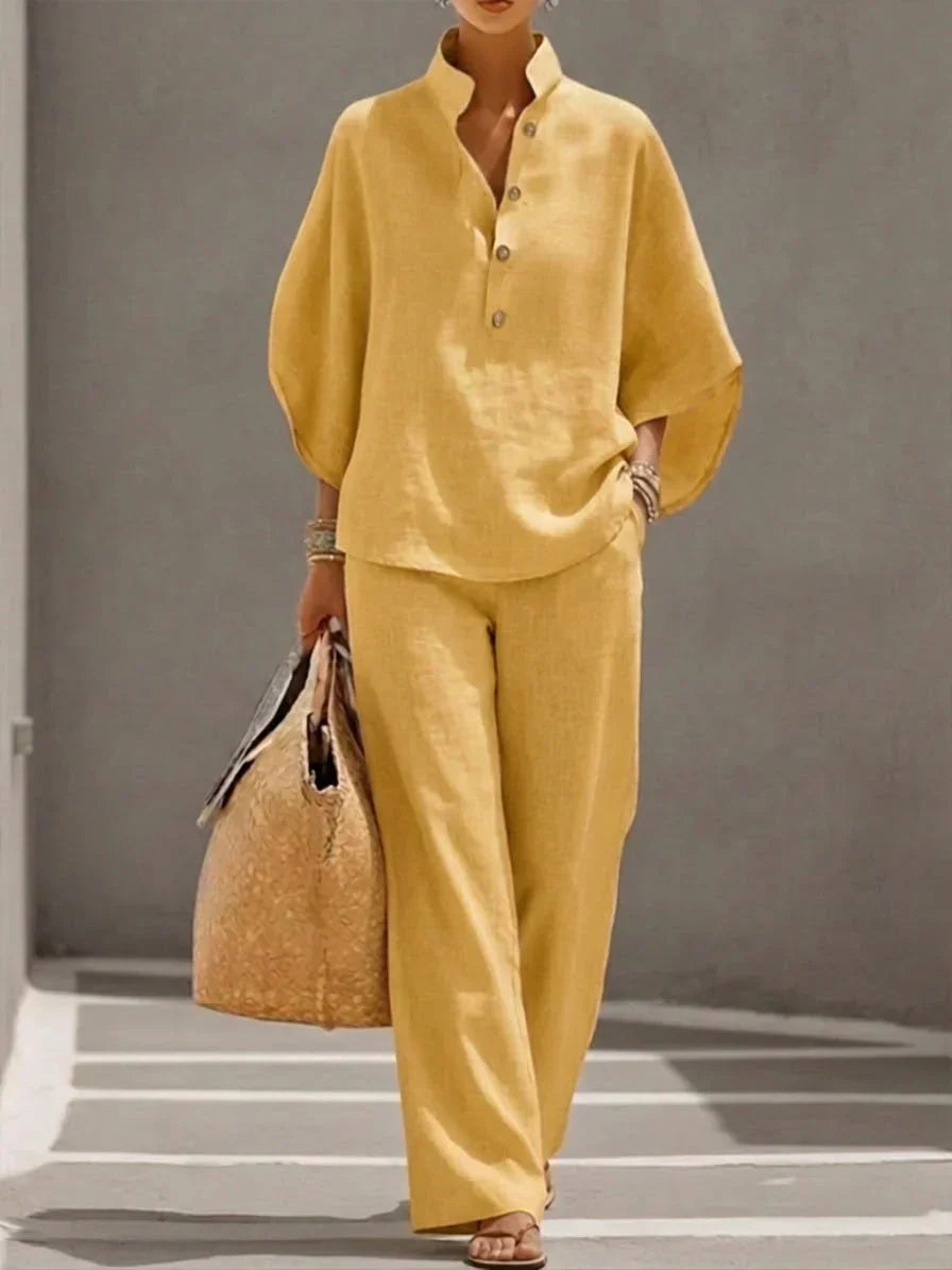 Conjunto de lino con mangas murciélago y pantalón ancho