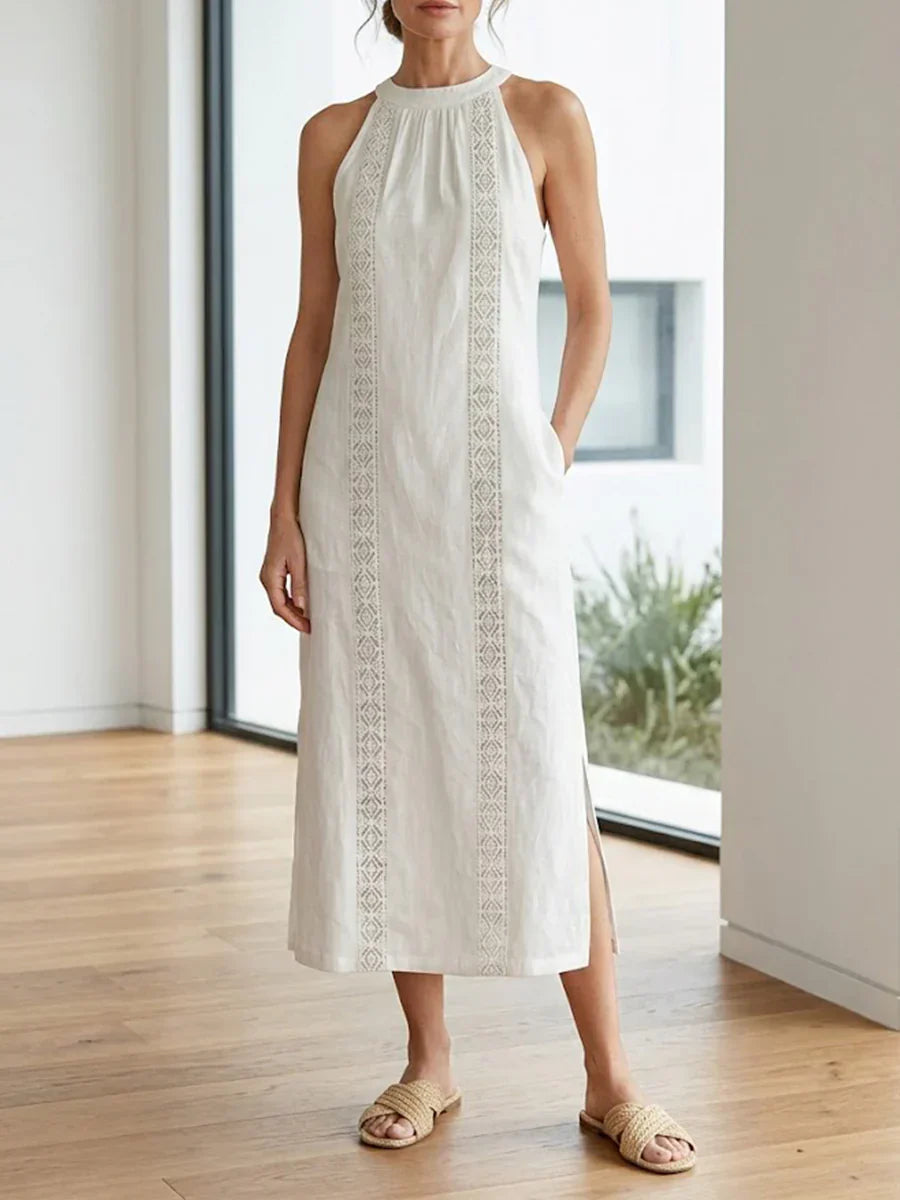 Jimena | Vestido midi de lino con cuello mao