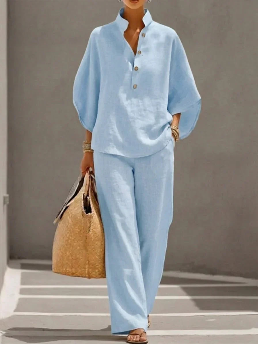 Conjunto de lino con mangas murciélago y pantalón ancho